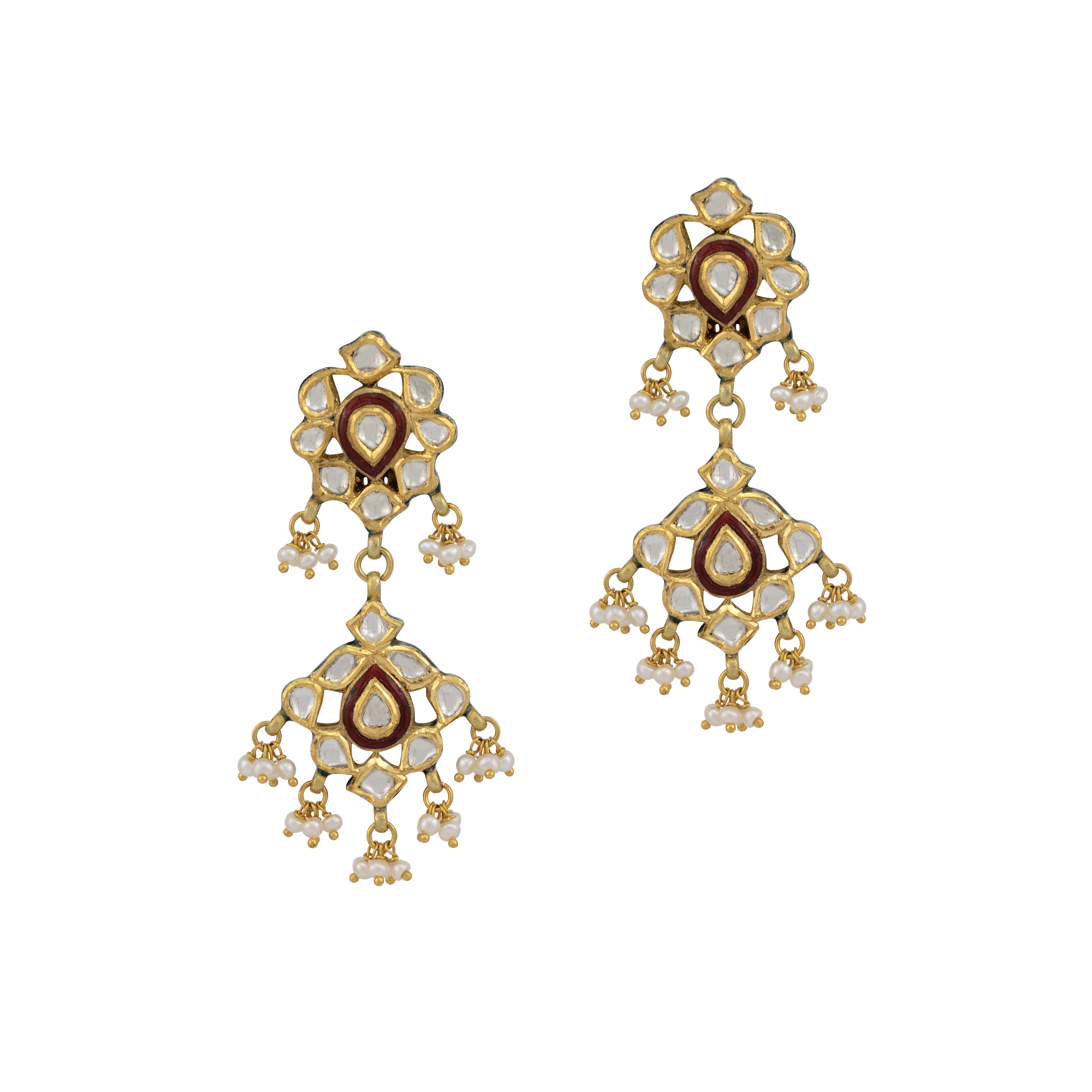 Polki Chandelier Earrings with Red Enamel and Pearl Clusters